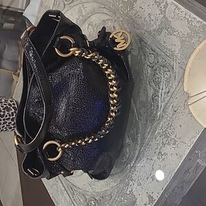 Michael Kors Shimmering Black and Gold Hand Bag Satchel Purse